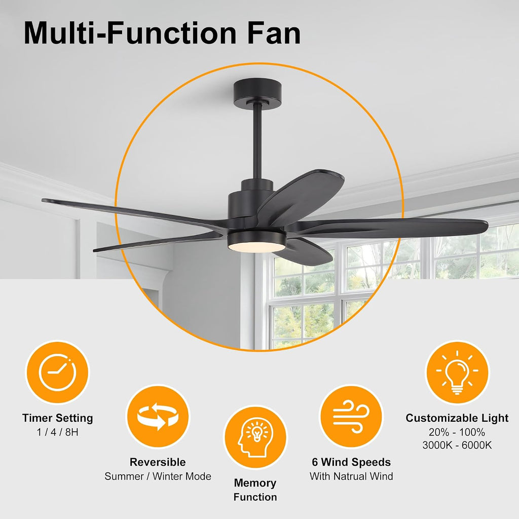 WINGBO 54' Ceiling Fan with Light - 5 Carved Solid Wood Blades, 6-Speed Reversible DC Motor, Dimmable, 3CCT, Noiseless Remote Control Ceiling Fans with Lights for Bedroom Living Room, Matte Black
