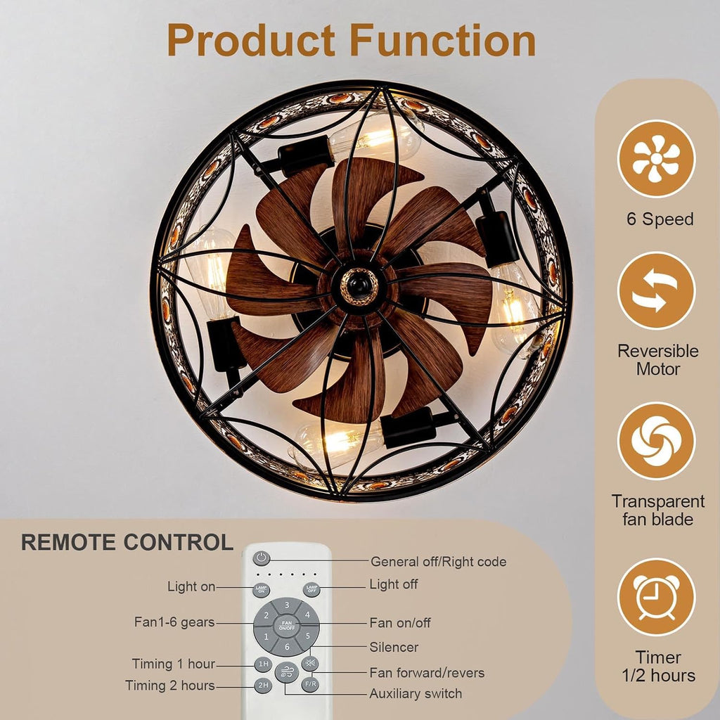 Caged Ceiling Fan with Light, Vintage Victorian Rustic Crystal Fandelier, Low Profile Flush Mount, Small Enclosed Bladeless Ceiling Fan for Bedroom, Kitchen, Living Room, Dining Room