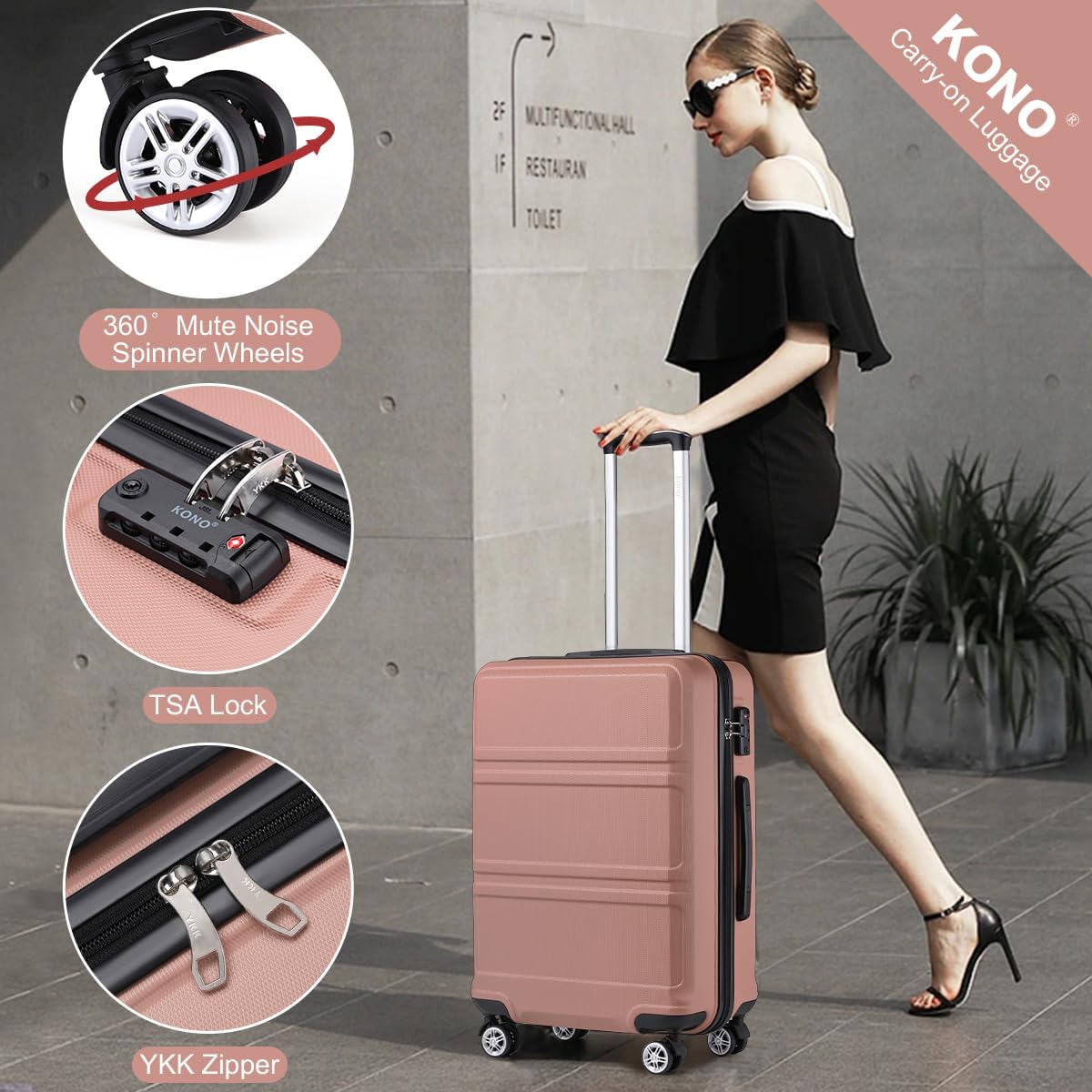 Kono 4 Piece Luggage Sets Expandable(only 28') with Spinner Wheels TSA Lock Lightweight PC+ABS Hardside Travel Rolling Suitcases 20in 24in 28in Carry on and 12in Mini Cosmetic Case Nude/Rose Pink