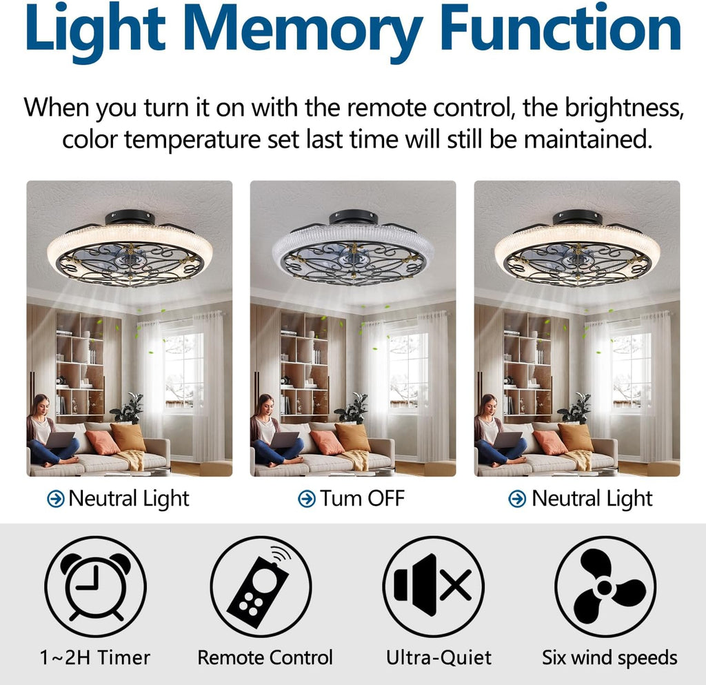 Black Caged Ceiling Fan with Lights Remote Control, 6 Speeds Rustic Industrial Ceiling Fan Light with Crystal Sand Lampshade for Kitchen Bedroom Living Room