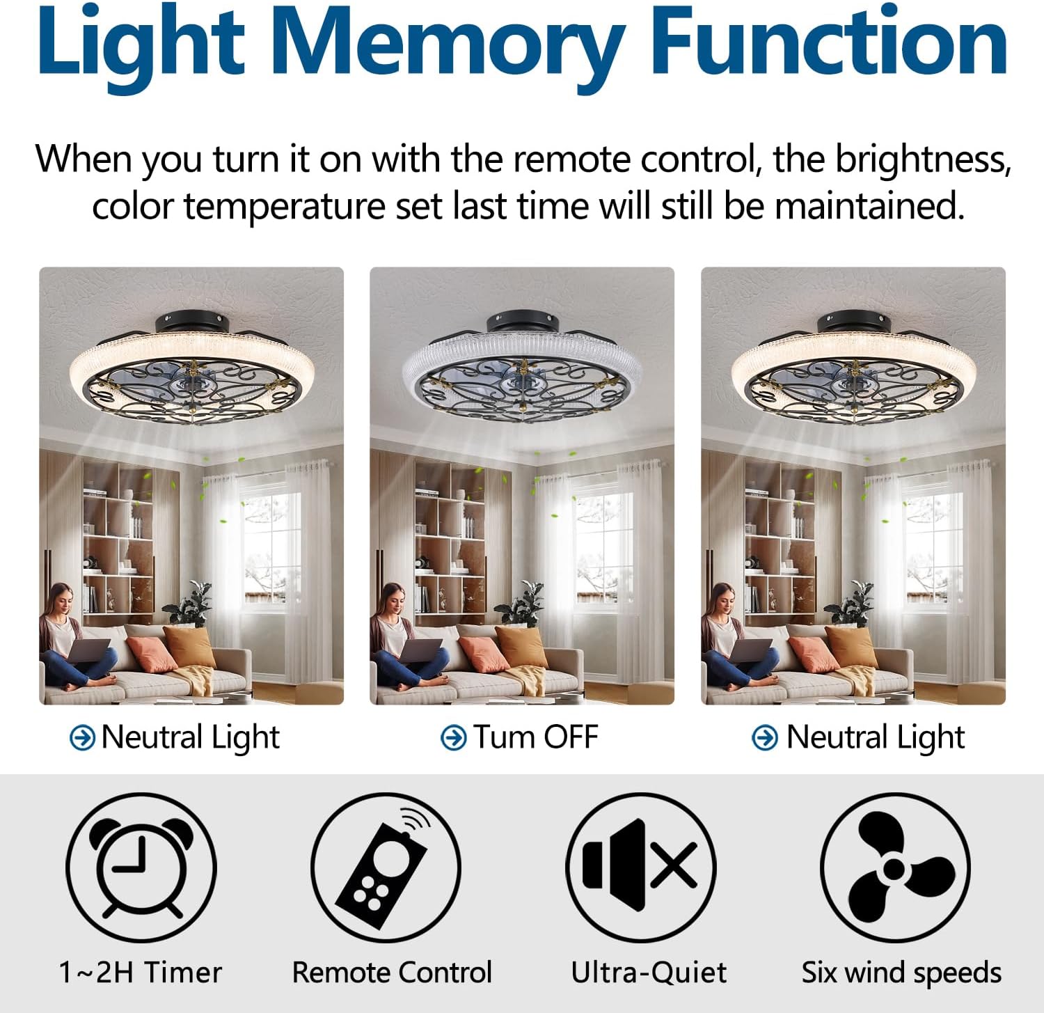 Black Caged Ceiling Fan with Lights Remote Control, 6 Speeds Rustic Industrial Ceiling Fan Light with Crystal Sand Lampshade for Kitchen Bedroom Living Room