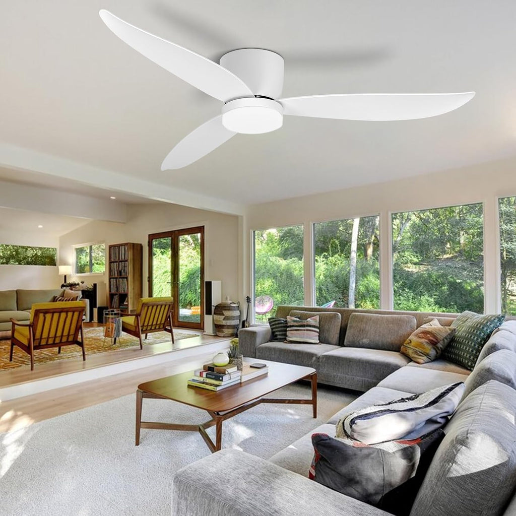 White 52 inch Ceiling Fan with Light and Remote Control, Low Profile Flush Mount Ceiling Fan with Lights, 3 Blade Dimmable LED Light for Bedroom Living Room Indoor, 6 Speeds DC Reversible Fans