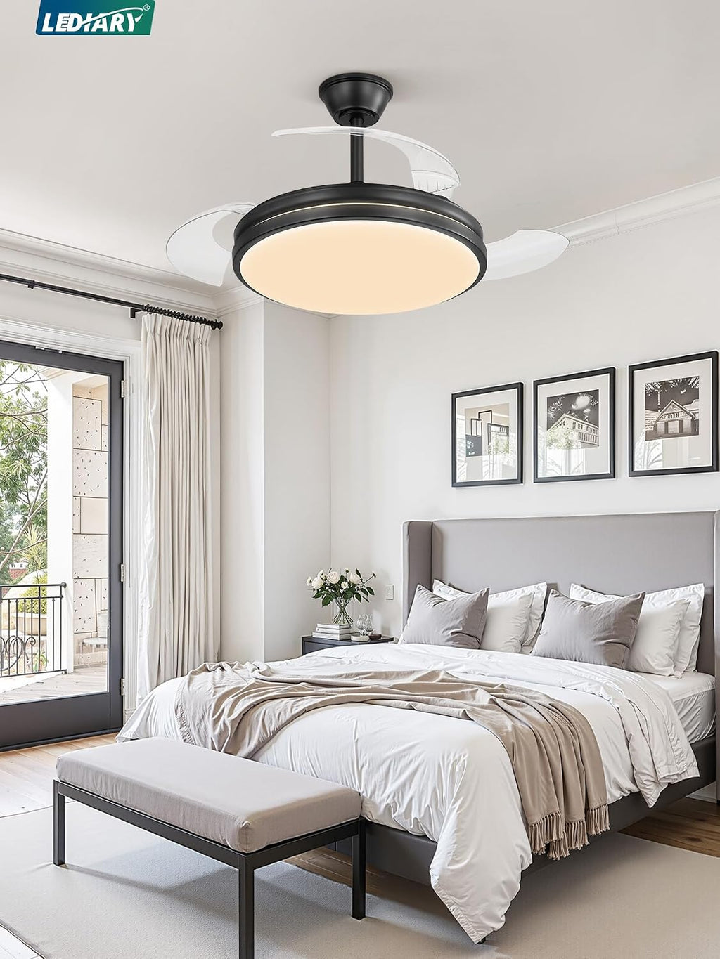 LEDIARY Retractable Ceiling Fan with Lights and Remote & APP Control, 42 Inch Fandelier Ceiling Fan with Light, 6 Speed Dimmable Reversible Memory, Modern Silent Smart Fan for Bedroom Living Room