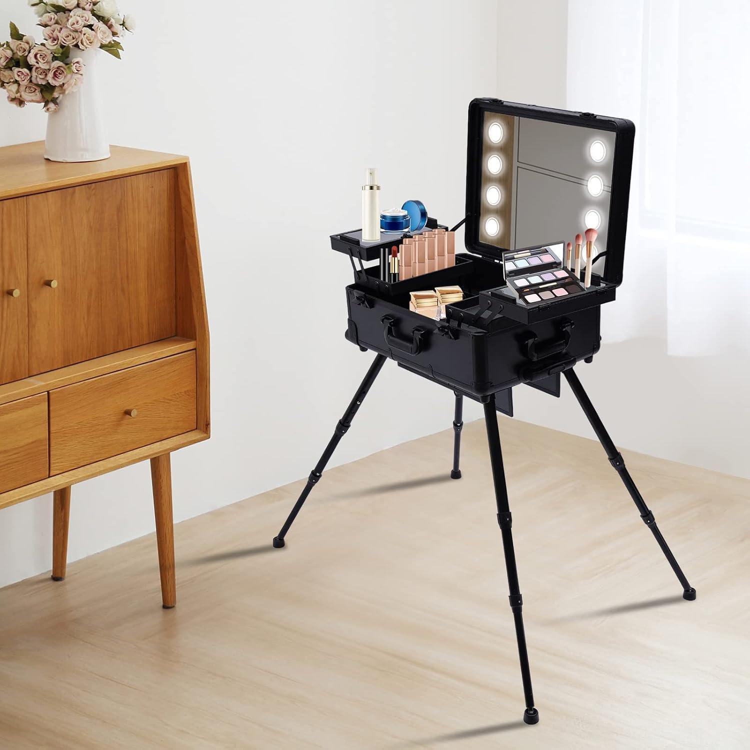 3-Tiers Rolling Makeup Train Case, Professional Makeup Train Case With Wheels Trolley Salon Barber Cosmetic Train Trolley w/LED LIght & Keys & Mirror for Make Up Hairstylists Nail Tech (Black)