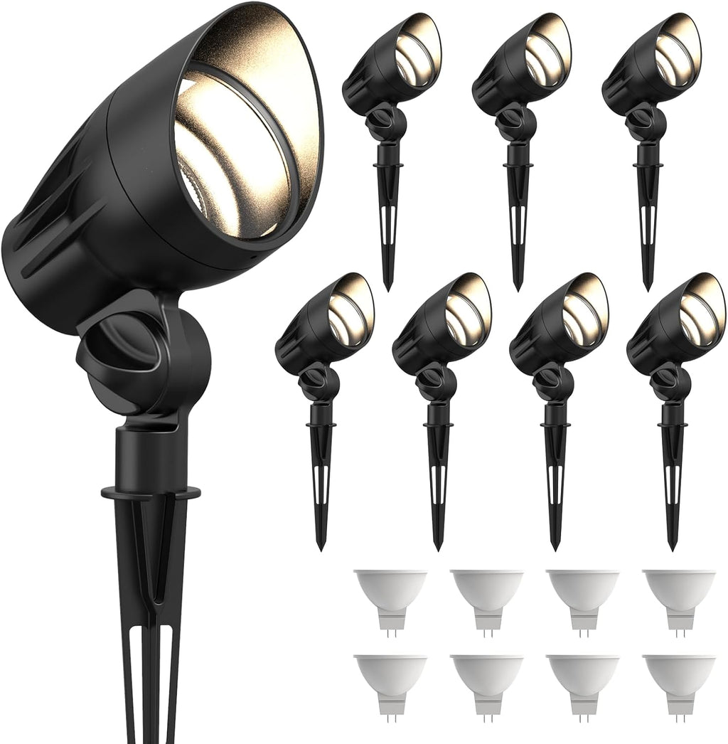 GOODSMANN Low Voltage Spotlights Landscape Lighting 5W LED 8PK Outdoor Floodlights 2700K Warm White Replaceable LED Outside Hardwired Lighting with Metal Stake Cable Connector