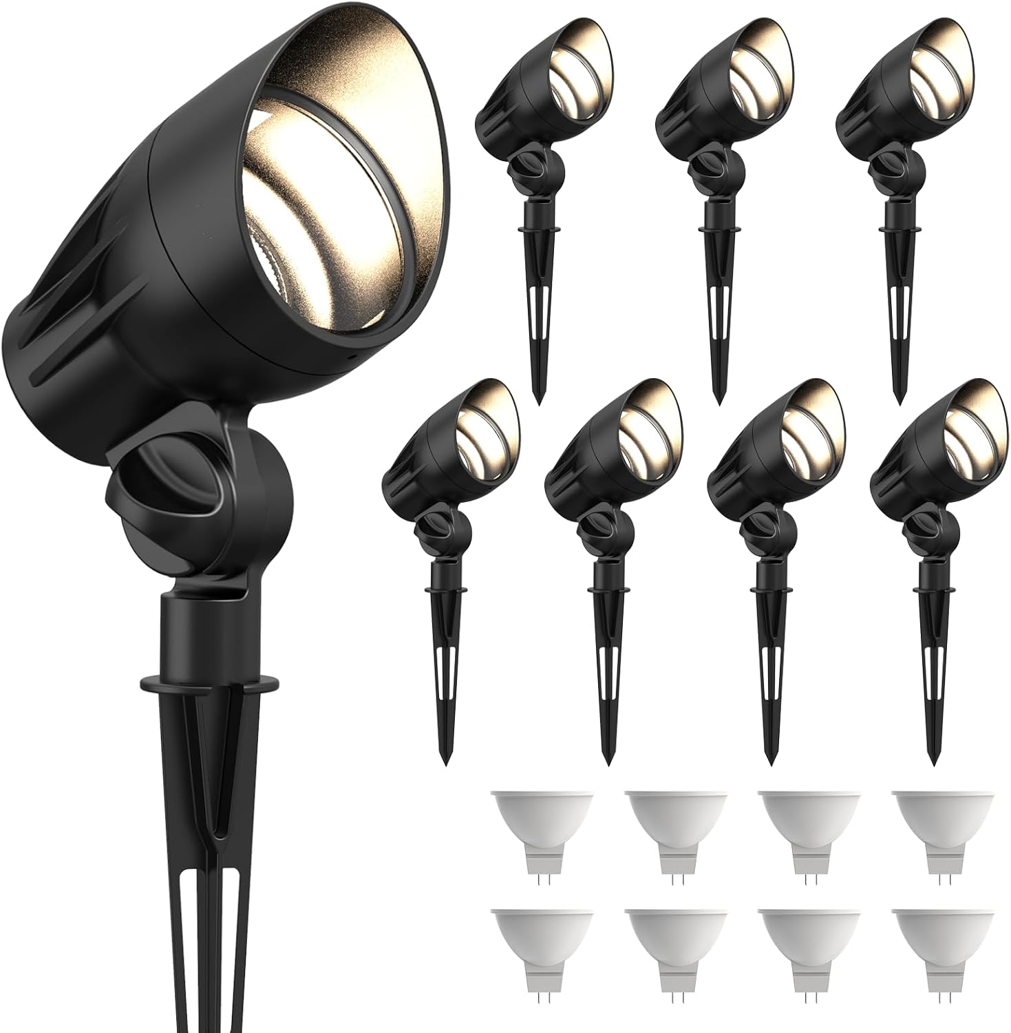 GOODSMANN Low Voltage Spotlights Landscape Lighting 5W LED 8PK Outdoor Floodlights 2700K Warm White Replaceable LED Outside Hardwired Lighting with Metal Stake Cable Connector