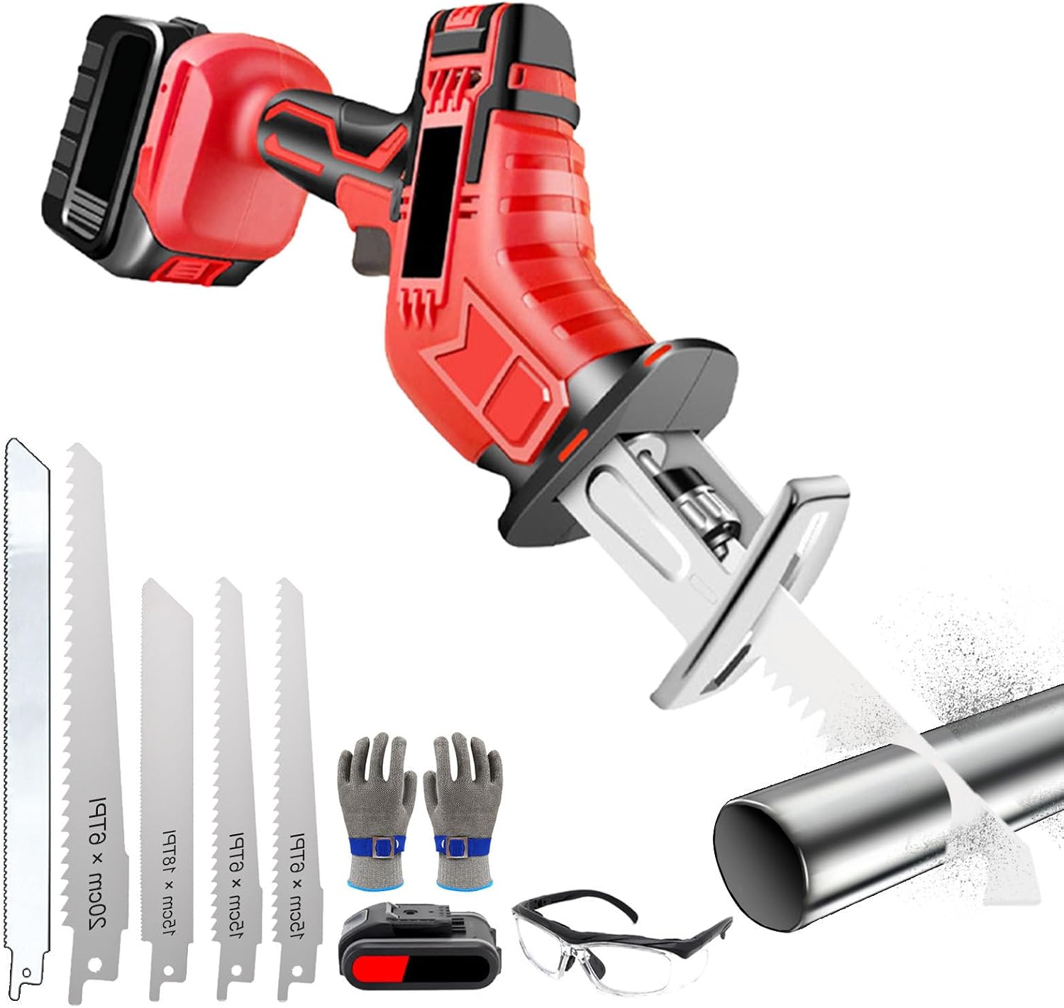 Cordless Reciprocating Saw-Bone Butcher Saw for Commercial & Home|LED Light/Non-slip handle,Battery Powered Bone Meat Cutter with 5 Blades&storage box,for Freeze Meat Bones Chops,2Battery
