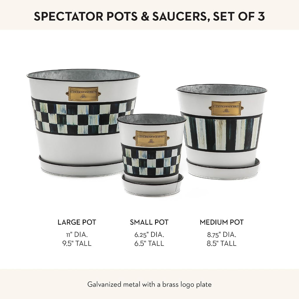 MACKENZIE-CHILDS Galvanized Flowerpots and Saucers, Set of 3, Black-and-White Spectator