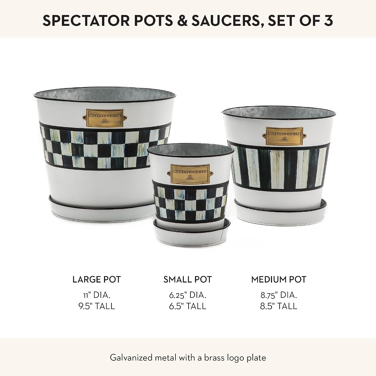 MACKENZIE-CHILDS Galvanized Flowerpots and Saucers, Set of 3, Black-and-White Spectator