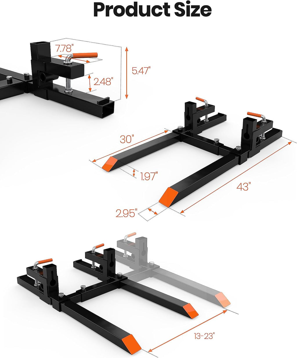 KYBOLT [2000 lbs] 43' Heavy Duty Clamp-on Pallet Forks with Adjustable Stabilizer Bar for Tractor Bucket Loader Skid Steer