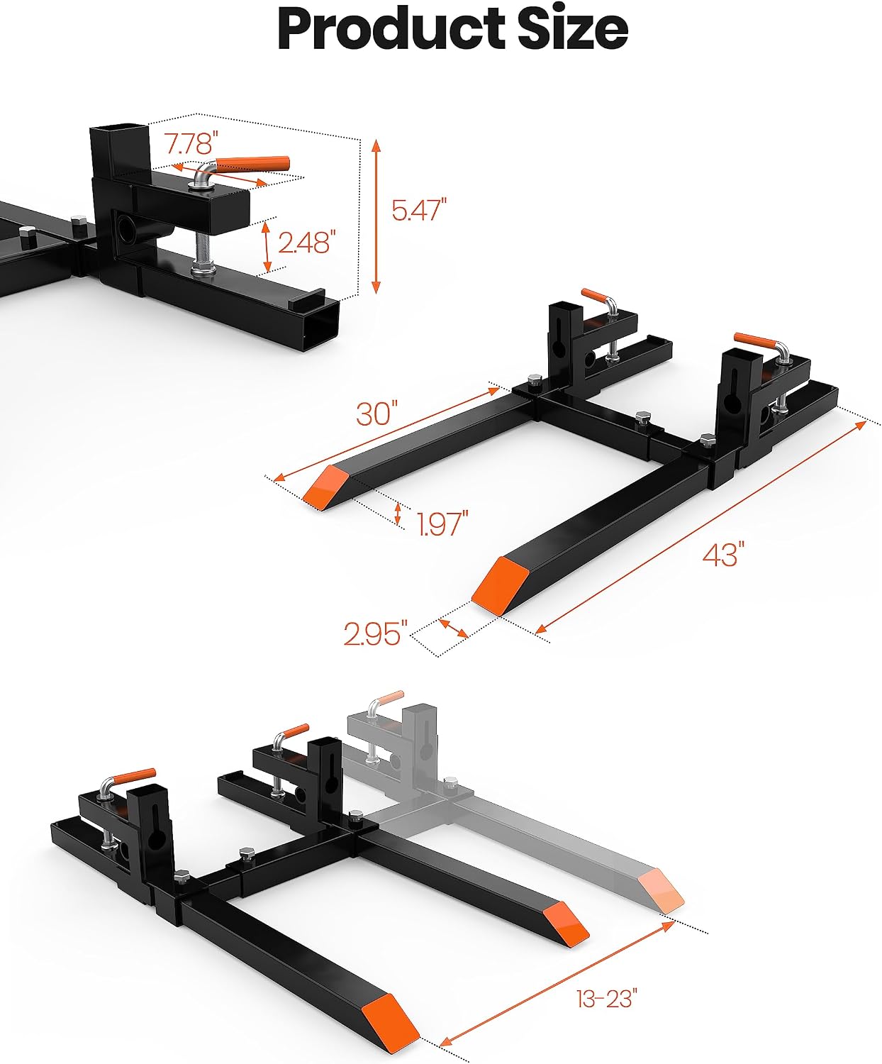 KYBOLT [2000 lbs] 43' Heavy Duty Clamp-on Pallet Forks with Adjustable Stabilizer Bar for Tractor Bucket Loader Skid Steer
