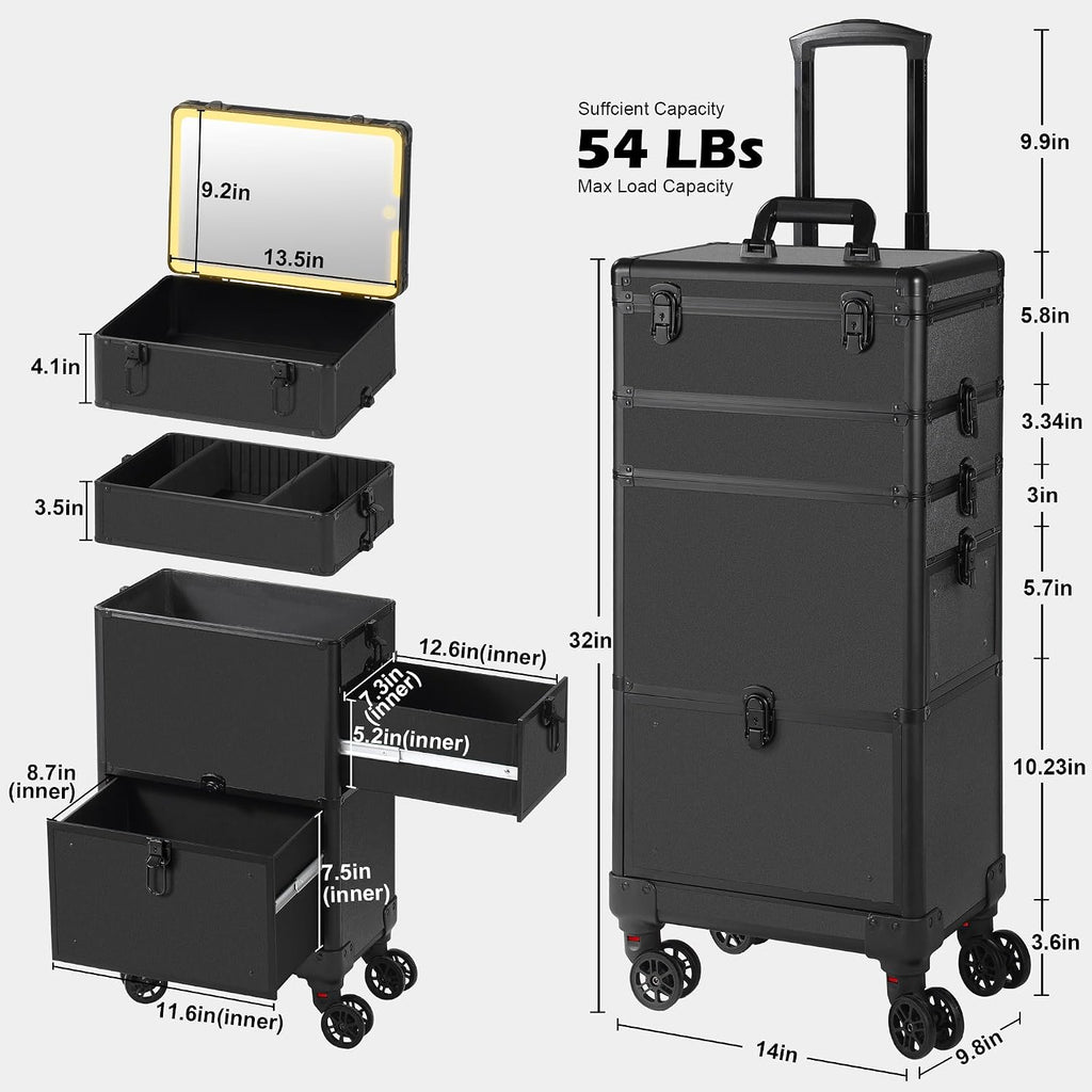 Somduy Makeup Train Case with LED Mirror, Rolling Makeup Case with Drawers, Cosmetology Case on Wheels, Gift, Travel Makeup Organizers, Profesional Cosmetic Case for Salon Barber,Nail,Tattoo, Black