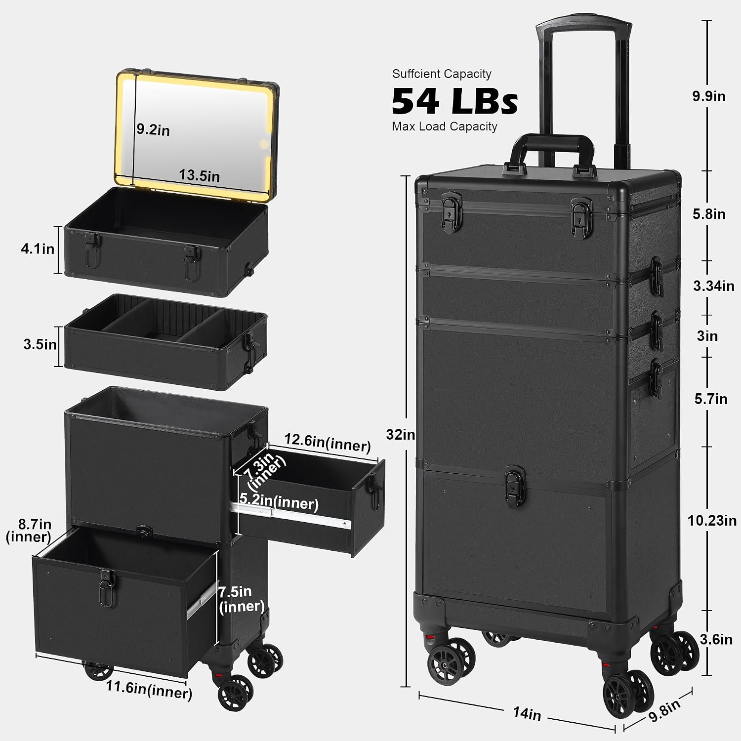 Somduy Makeup Train Case with LED Mirror, Rolling Makeup Case with Drawers, Cosmetology Case on Wheels, Gift, Travel Makeup Organizers, Profesional Cosmetic Case for Salon Barber,Nail,Tattoo, Black