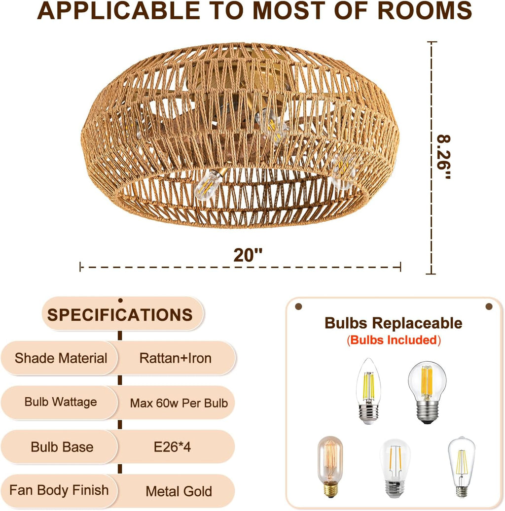 20' Boho Ceiling Fans with Lights (Bulbs Included), Low Profile Caged Ceiling Fan with Light and Remote, Rattan Flush Mount Ceiling Fan with 8 Reversible Blades for Bedroom, Living Room