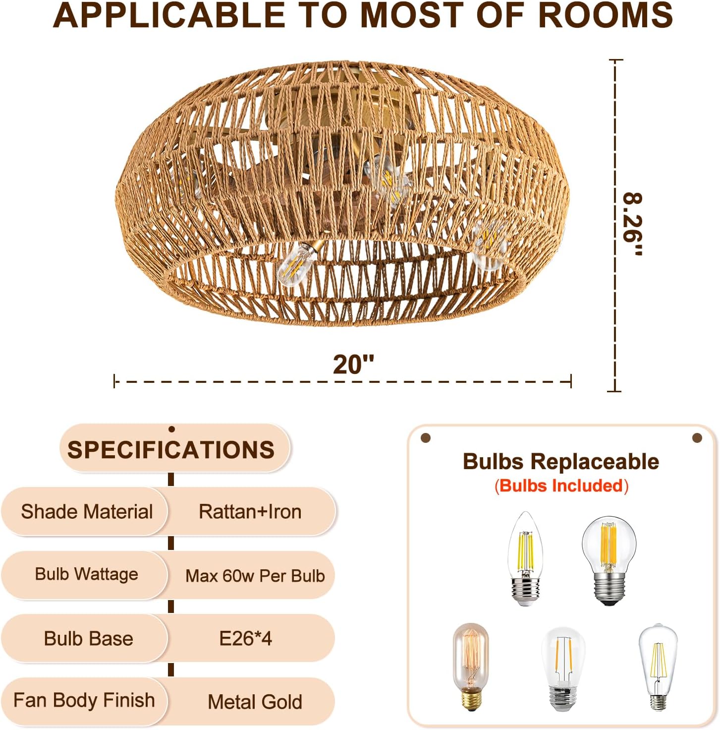 20' Boho Ceiling Fans with Lights (Bulbs Included), Low Profile Caged Ceiling Fan with Light and Remote, Rattan Flush Mount Ceiling Fan with 8 Reversible Blades for Bedroom, Living Room