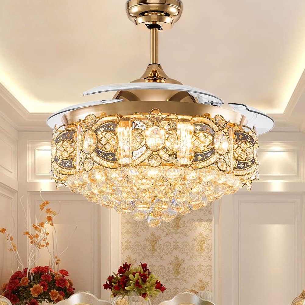Crystal Fandelier Ceiling Fan with Light, Modern Retractable Crystal Chandeliers Ceiling Fan, Chandelier Fan with 3 Color Change for Dining Room Bedroom (Rose Gold)
