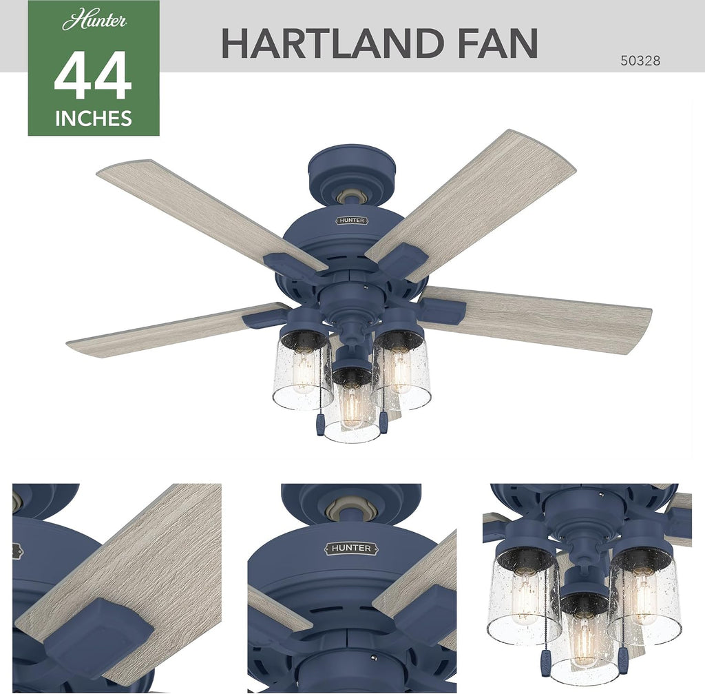 Hunter 44 inch Indoor Ceiling Fan with LED Lights - Ceiling Fan with Pull Chain, For Bedroom, Living Room, or Kitchen, Standard Mount, No Remote, 5 Blades - Hartland 50328, Indigo Blue
