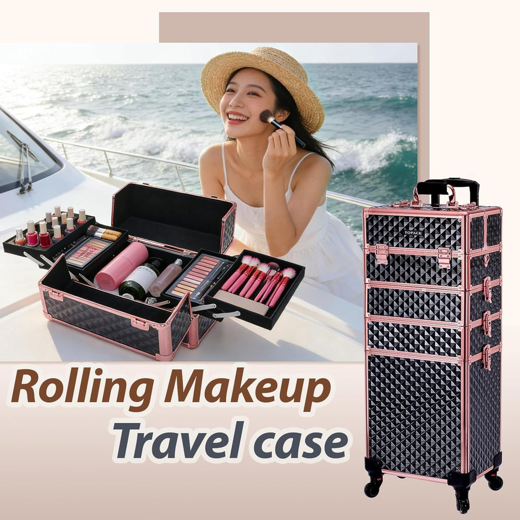 TOPACK Professional 4-In-1 Rolling Makeup Train Case, Large Makeup Travel Case with Key Shoulder Strap/Handle Cushion I Makeup Train Case I Makeup Nail Cart I Cosmetology Case on Wheels(Black Glod)