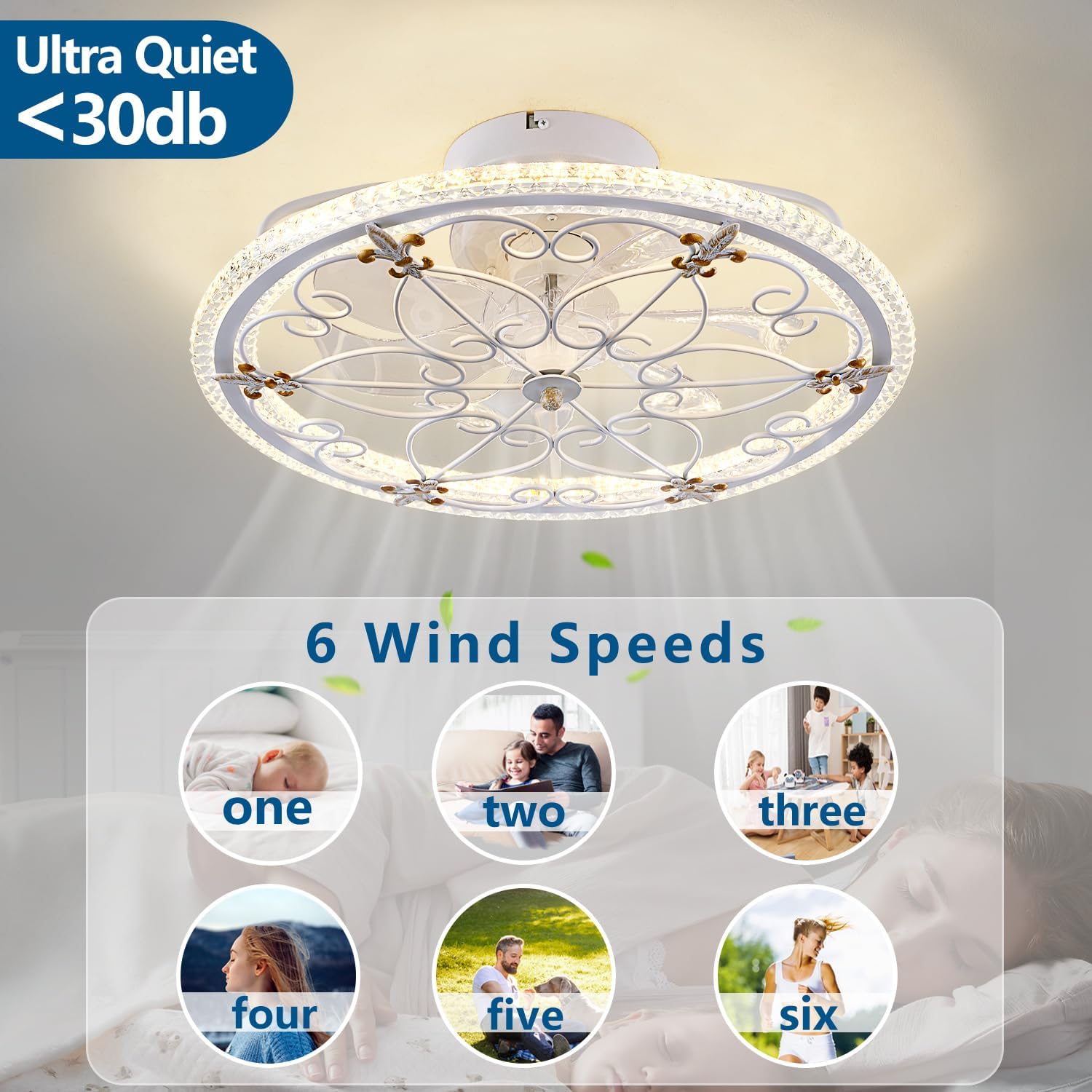 White Caged Ceiling Fan with Lights Remote Control, Farmhouse Industrial Ceiling Fan with Light for Kitchen Bedroom Living Room