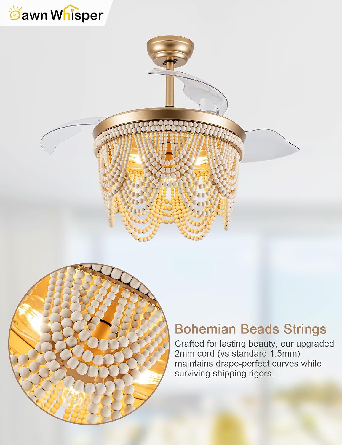 Dawn Whisper Gold Retractable Ceiling Fan with Lights 42 Inch Wood Beaded Boho Chandelier with Fan Farmhouse Style Fandelier for Bedroom Living Room