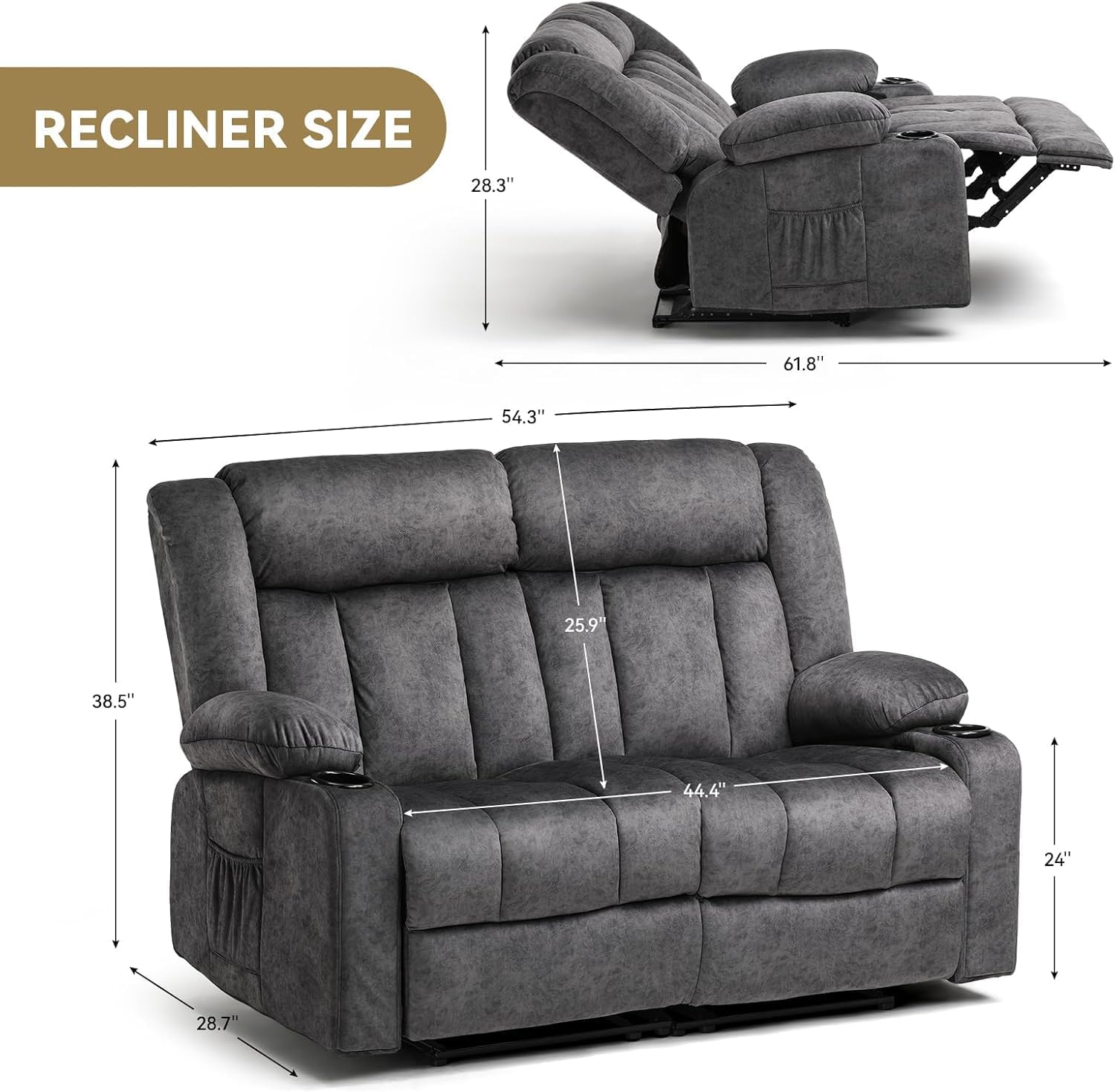 COMHOMA Living Room Furniture Sets Manual Recliner Loveseat,2 Seat Fabric Reclining Sofa,Ergonomic Backrest with Cup Holders&Side Pockets,Daul Recliners for Living Room,Meeting Room,Dark Gray(2)
