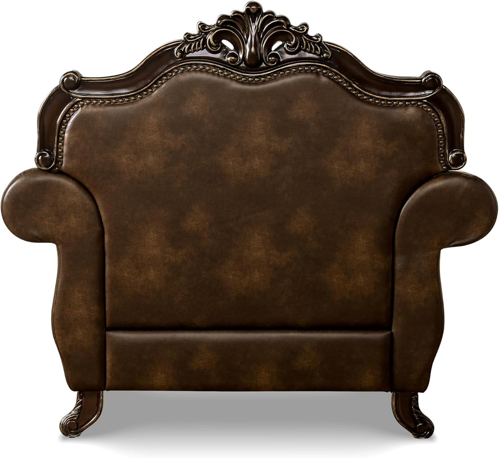 Furniture of America Grant Faux Leather 52-inch 1-Seater Chair with Button Tufted Back and Nailhead Trim, Accent Pillows Included & Carved Details for Living Room, Home Office, Brown