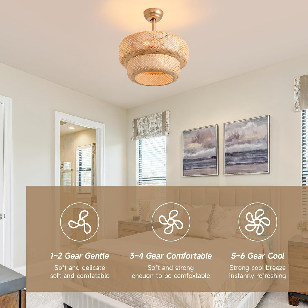 Fandelier Ceiling Fan with Light - 18.9' Boho Rattan Caged Ceiling Fan, Remote Controlled Wicker Chandelier Fan Light Fixture for Bedroom, Kitchen, Living Room, Nursery, E26 Base