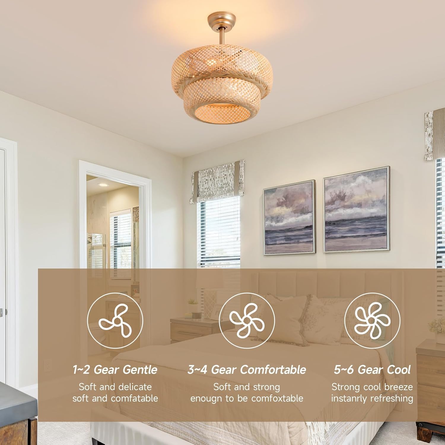 Fandelier Ceiling Fan with Light - 18.9' Boho Rattan Caged Ceiling Fan, Remote Controlled Wicker Chandelier Fan Light Fixture for Bedroom, Kitchen, Living Room, Nursery, E26 Base