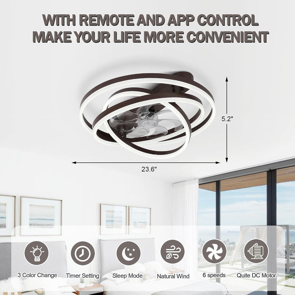 Low Profile Ceiling Fan with Light, 24'' Flush Mount Ceiling Fan with Lights 6 Speed Dimmable Ceiling Fans with Lights and Remote and App Control for Bedroom