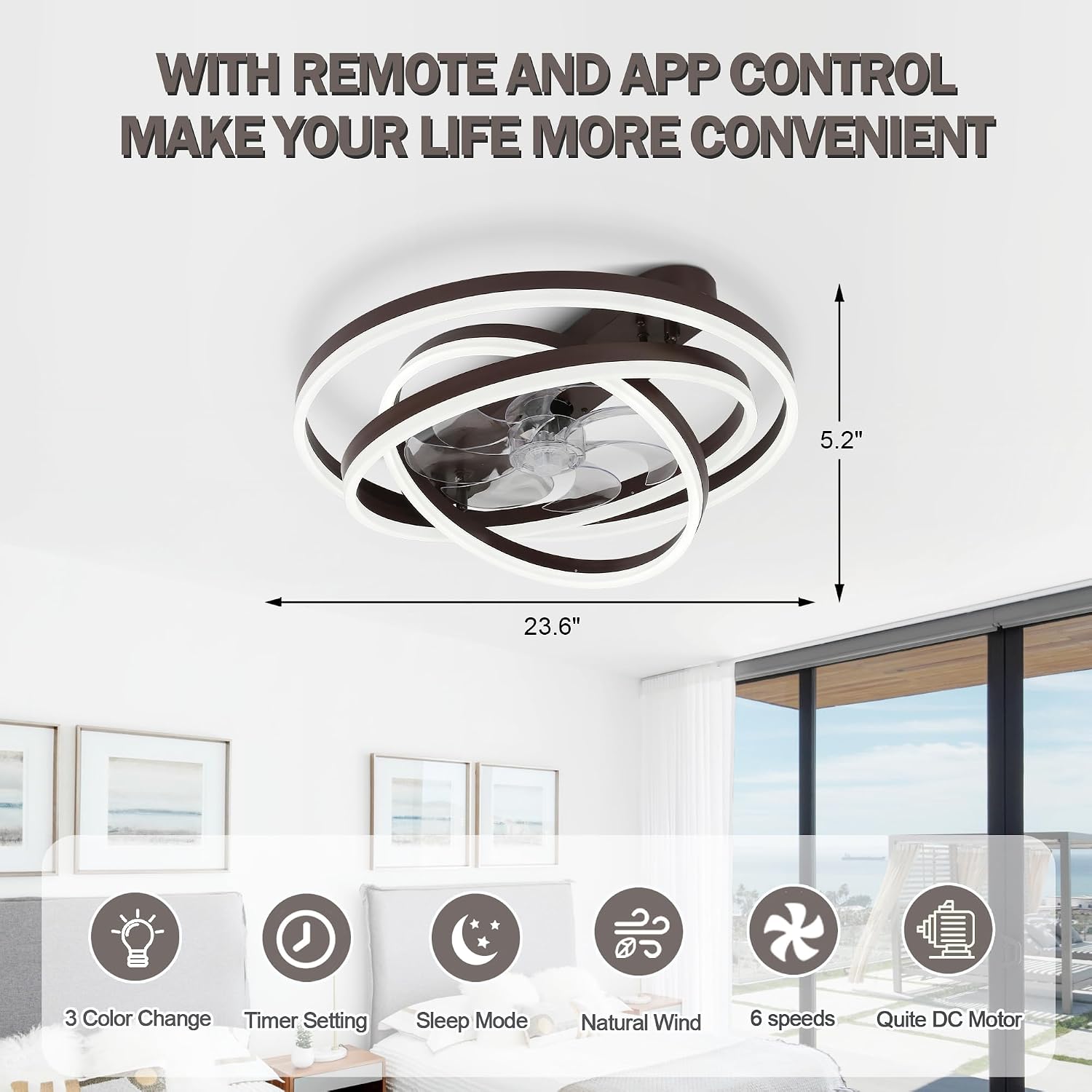 Low Profile Ceiling Fan with Light, 24'' Flush Mount Ceiling Fan with Lights 6 Speed Dimmable Ceiling Fans with Lights and Remote and App Control for Bedroom