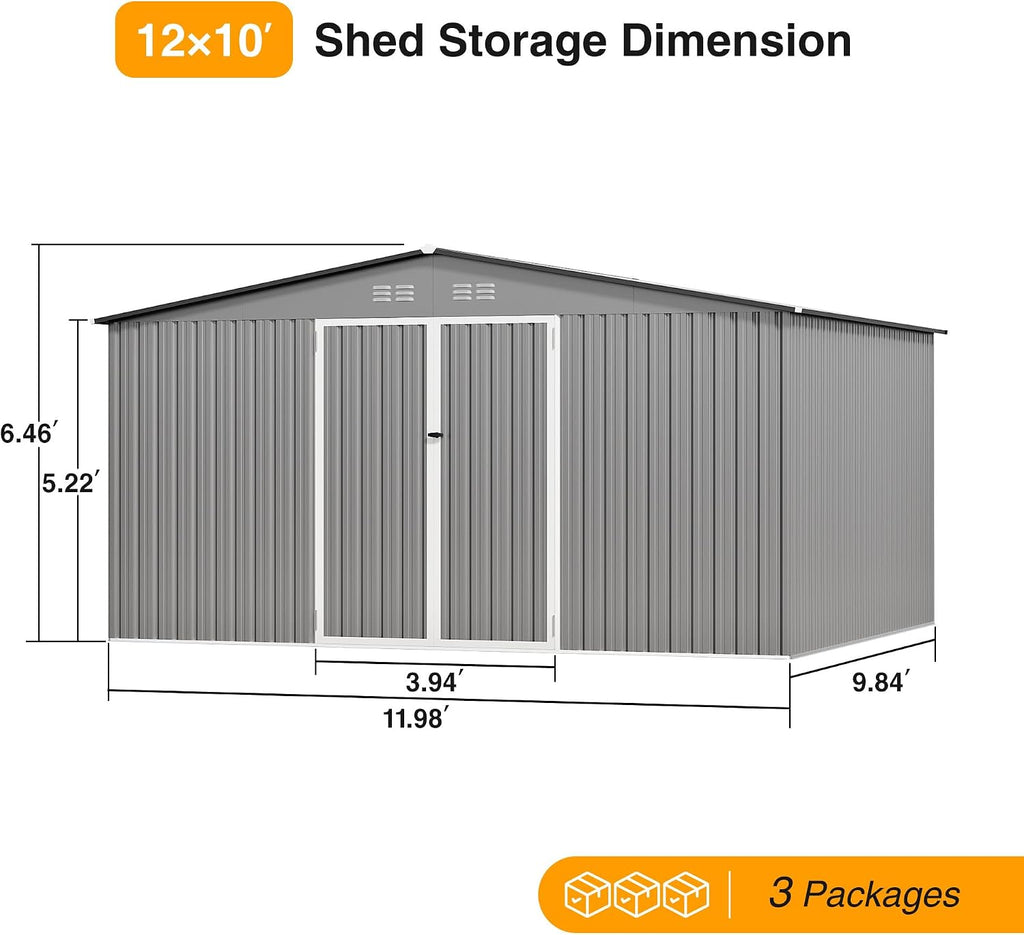 12 x 10FT Grey Outdoor Storage Shed, Metal Waterproof Shed Garden Tool Shed with Door and Lock Outdoor Storage,All-Weather Shelter for Bike, Gardening Tools, Lawn Mowers