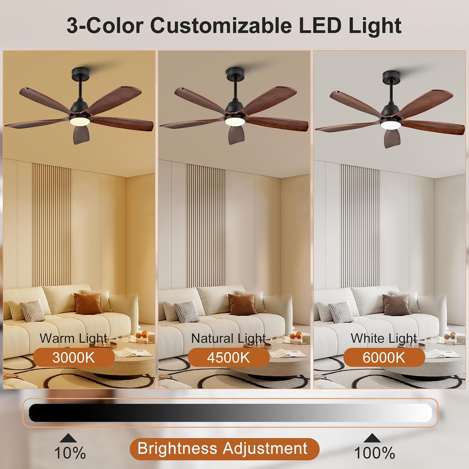 52 Inch Ceiling Fans with Lights and Remote, 5 Blades Wood Ceiling Fan with Light, Dimmable, Wall Switch, Reversible DC Motor, Modern Indoor Outdoor Ceiling Fan for Patio Bedroom