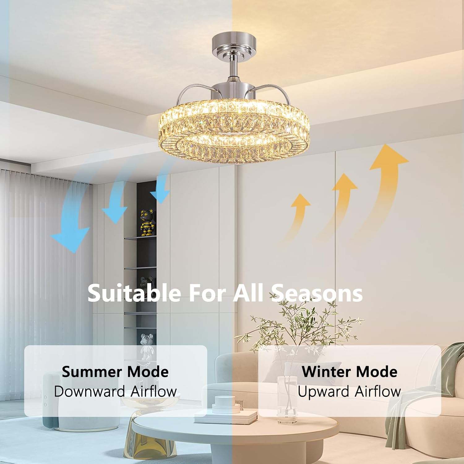 LUDOMIDE Crystal Ceiling Fans with Lights, 21' Fandelier Ceiling Fan with Light and Remote 6-Speed Wind, Dimmable LED, Chandelier Ceiling Fan for Bedroom Dining Room Living Room