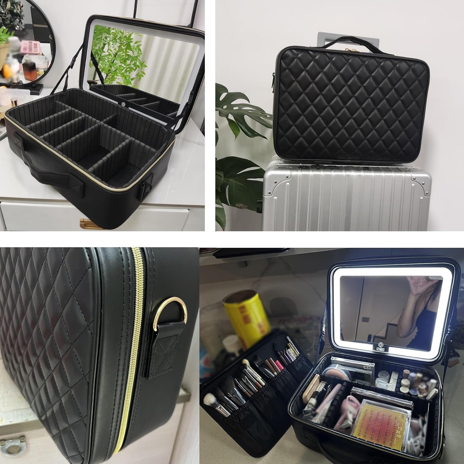 HJXGQJM Black Travel Makeup Bag with LED Mirror 3 Colors Modes, Portable Makeup Organiser with Adjustable Dividers Compartment, Light Up Vanity Case, Makeup Storage for Women