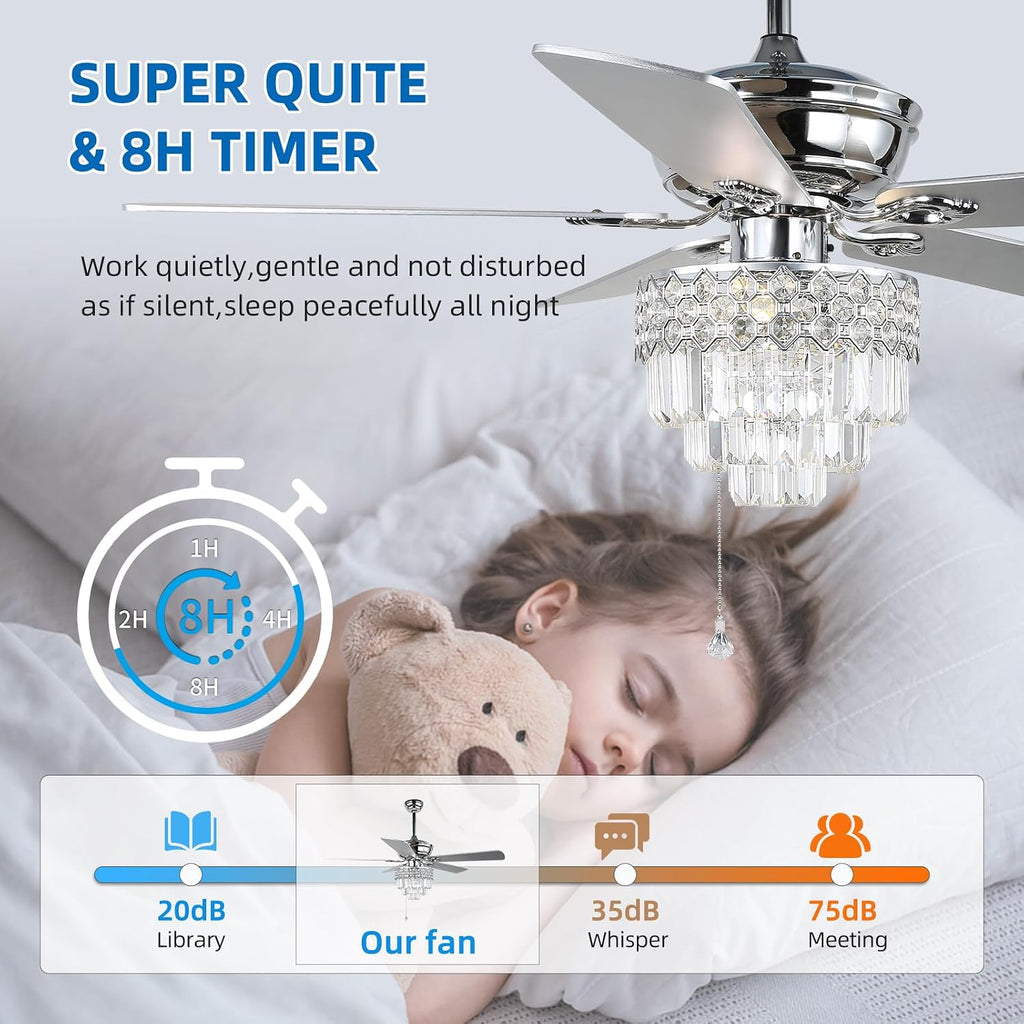 YYEHON 52″ Crystal Ceiling Fan with Lights and Remote Control, Modern Chandelier Fan with Dual Finish Reversible Blades, Quiet Indoor Fanderlier for Living Room, Dining Room, Bedroom. (Chrome)