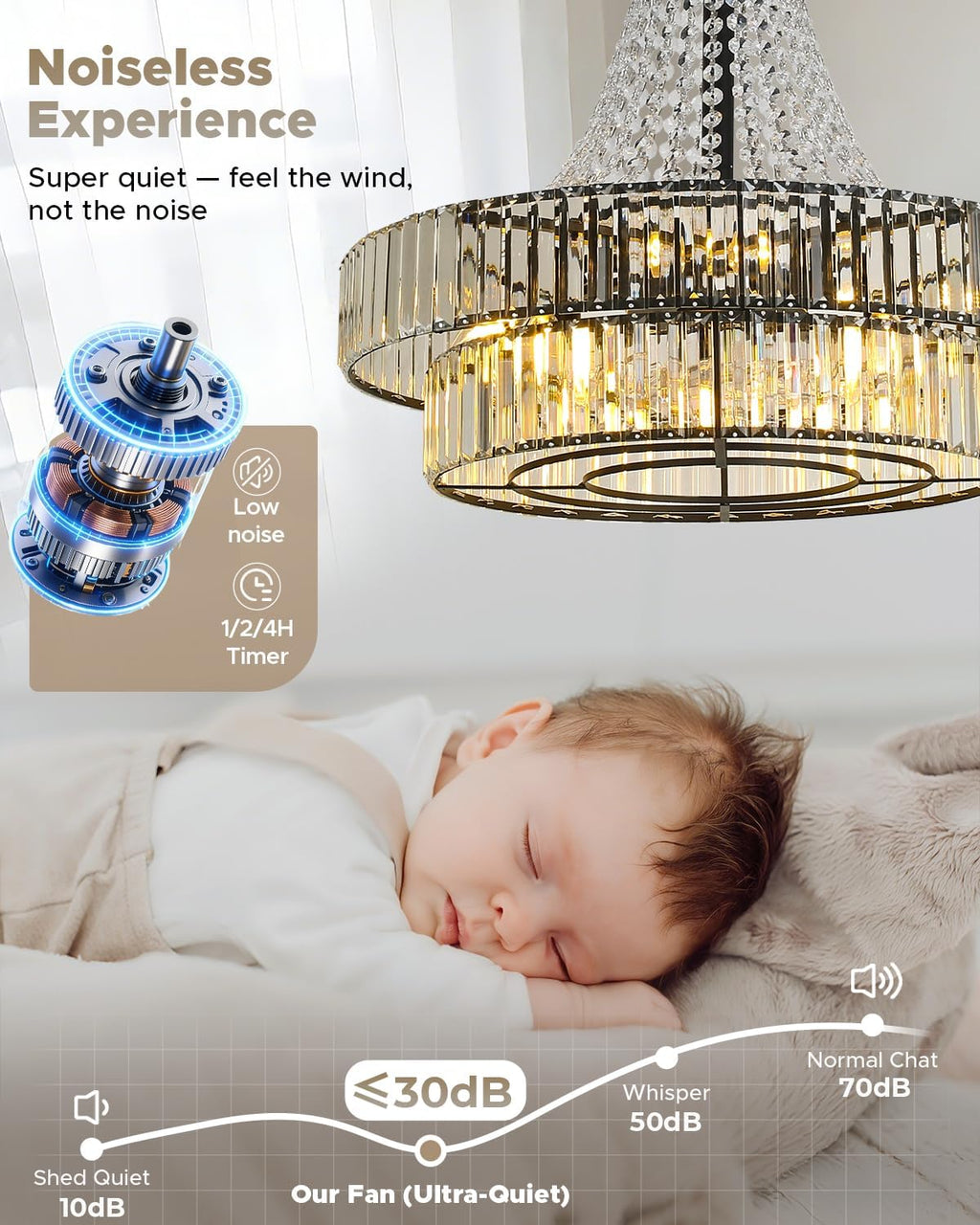 24 Inch Crystal Caged Double Layer Fandelier, Large Modern Chandelier Ceiling Fan with Light and Remote, Luxury Fandelier for Living Room, Bedroom, Reversible DC Motor, Height-Adjustable (Black)