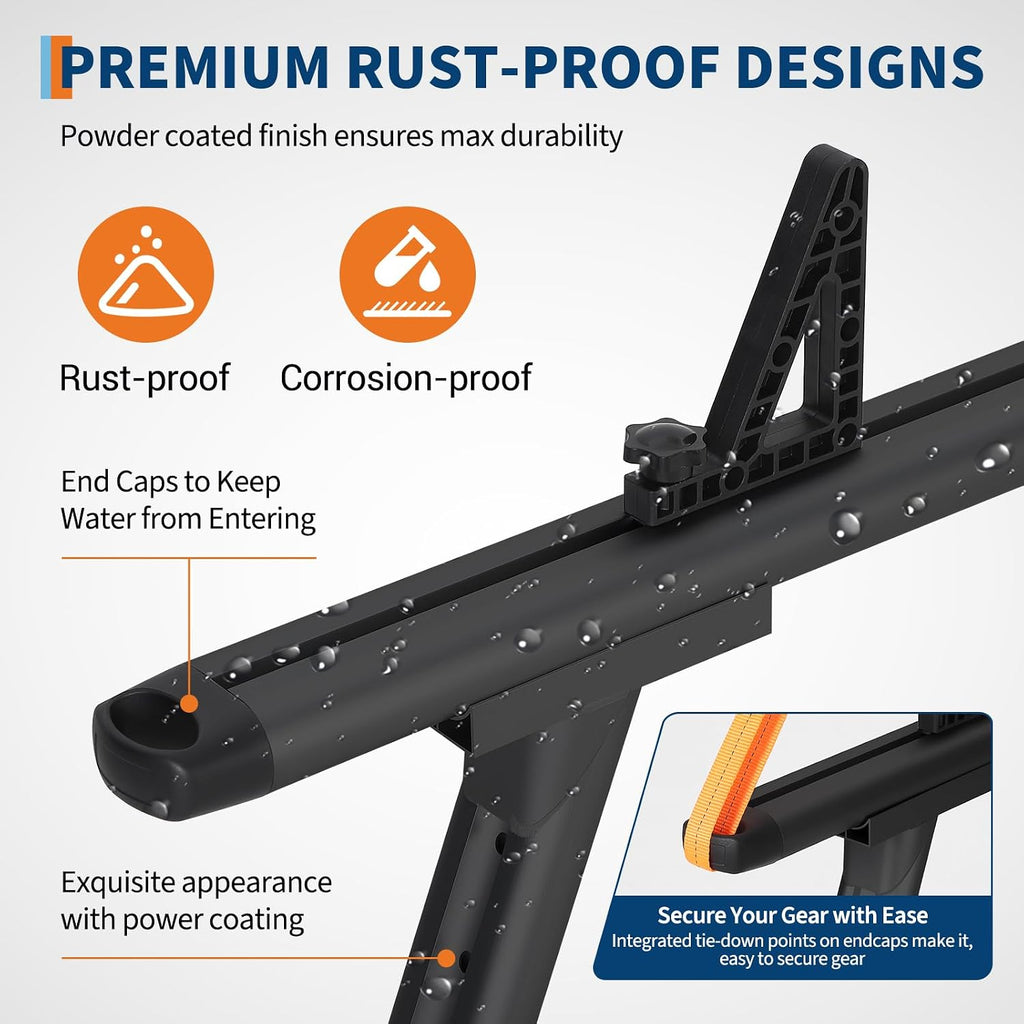 Adjustable Aluminum Pickup Ladder Rack 35.4–71', 800 lb Heavy-Duty Two-Bar Truck Bed Rack with No-Drill C-Clamp Mount, Utility Hauler for Kayaks, Lumber, Surfboards & Ladders - Black