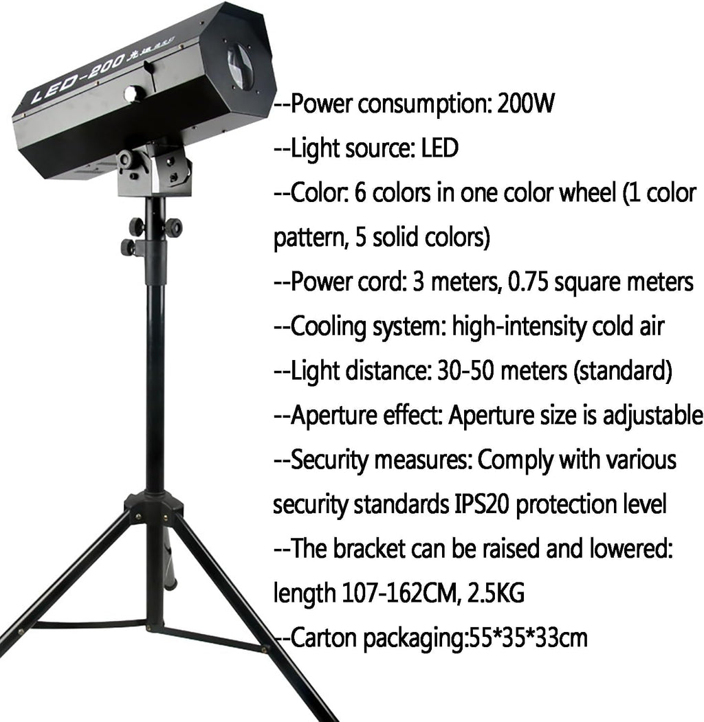 200W LED Stage Spotlight, Black, Modern Style, Floor Mount, Manual Control, Adjustable Aperture, 24V DC, 1A, 1 Light Source