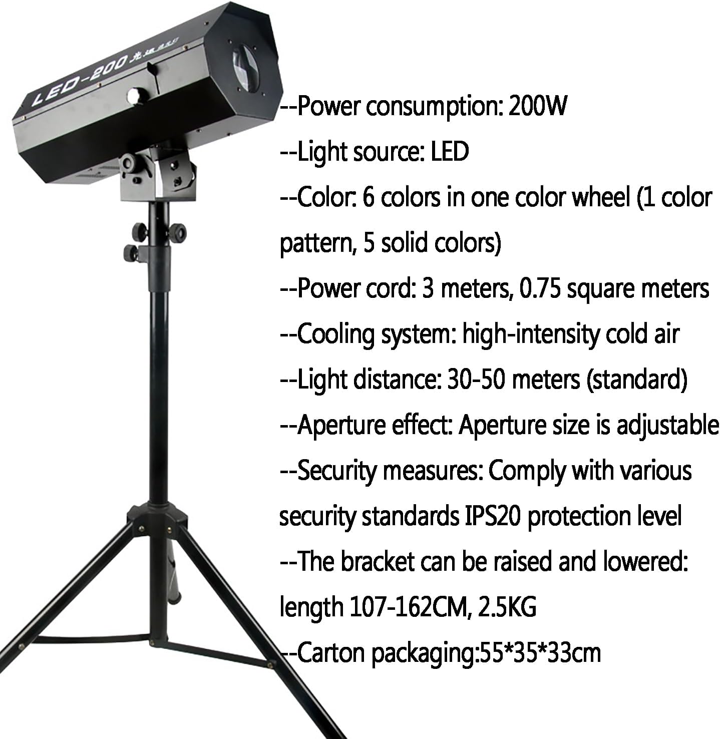 200W LED Stage Spotlight, Black, Modern Style, Floor Mount, Manual Control, Adjustable Aperture, 24V DC, 1A, 1 Light Source