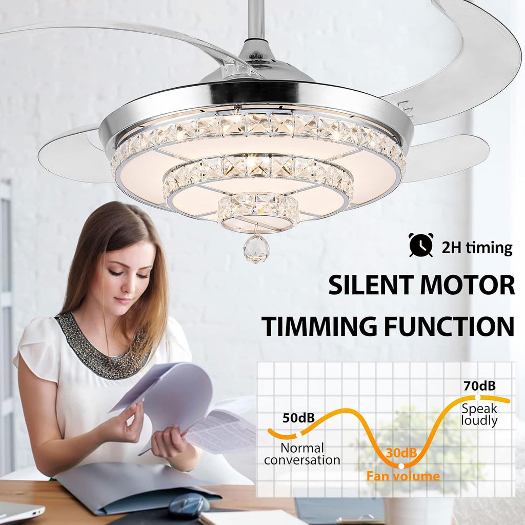 42' Fandelier Invisible Ceiling Fan Chandelier with Light,Modern Crystal Ceiling Fan Light Remote Control 4 Retractable ABS Blades for Bedroom Living Dining Room Decoration