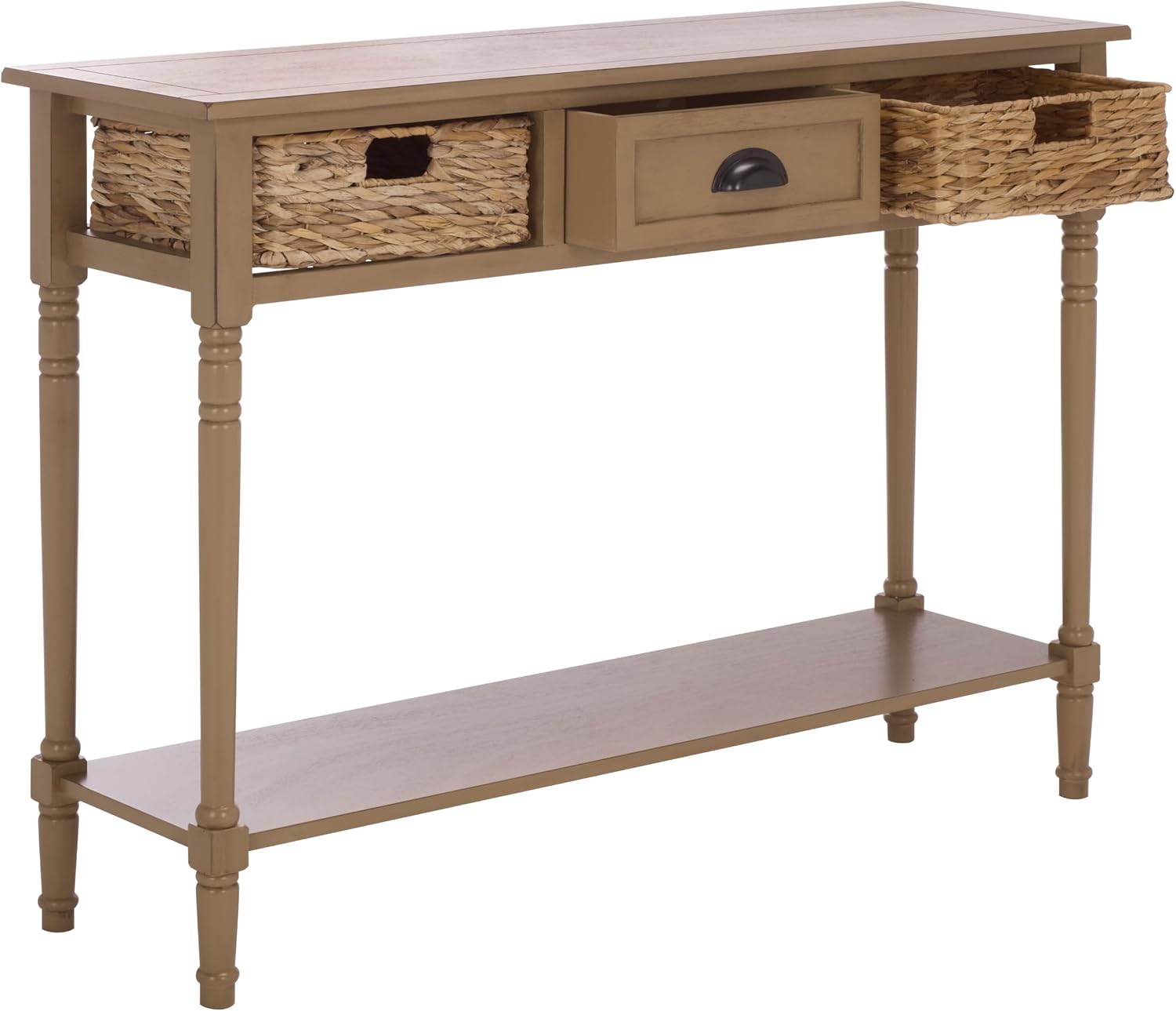 SAFAVIEH Home Collection - Christa Entryway Console Table, Desert Brown Solid Wood 3-Drawer Storage Sofa Table with Rattan Baskets (AMH5737L)