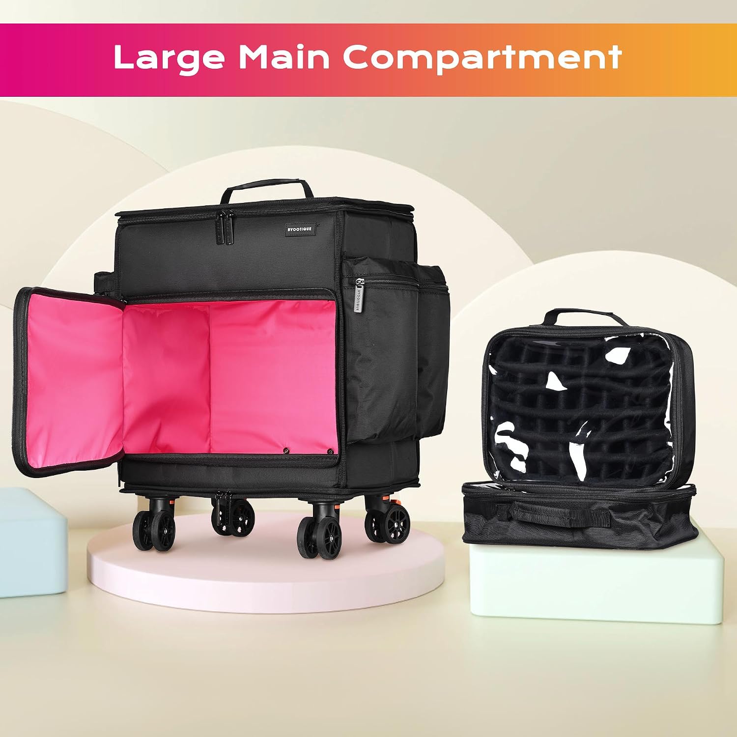 BYOOTIQUE Rolling Makeup Train Case Soft Sided Nylon Fabric Travel Cosmetic Organizer Storage Makeup Trolley Suitcase for Makeup Artist, Pink
