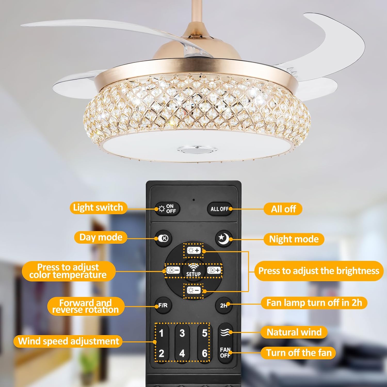 WWahuayuan 42 Inch Retractable Invisible Ceiling Fan with Light and Bluetooth Speaker, Modern Bluetooth Fan Chandelier with Remote Control 3 Color Change 36W LED
