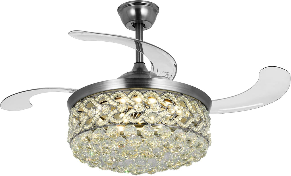 BIGBANBAN 42' Crystal Chandelier Fan with Light Remote Control, Silver Retractable Ceiling Fan 3 Colors LED Light 3 Speeds Modern Smart Fandelier for Dinning Room Bedroom