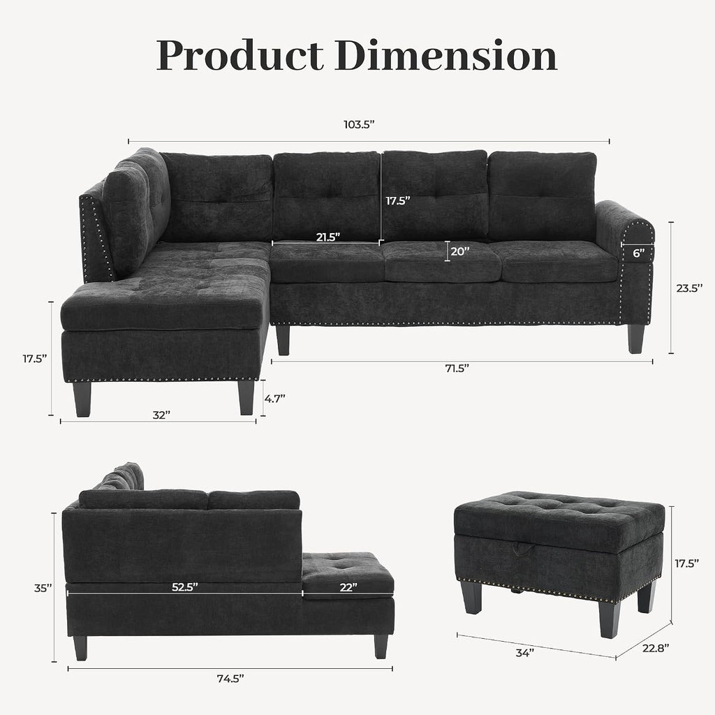 97.5' L Shaped Couches for Living Room, Sectional Couch Living Room Furniture with Storage Ottoman, Modular Sectional Sofa with Movable Chaise for Apartment Office, Black