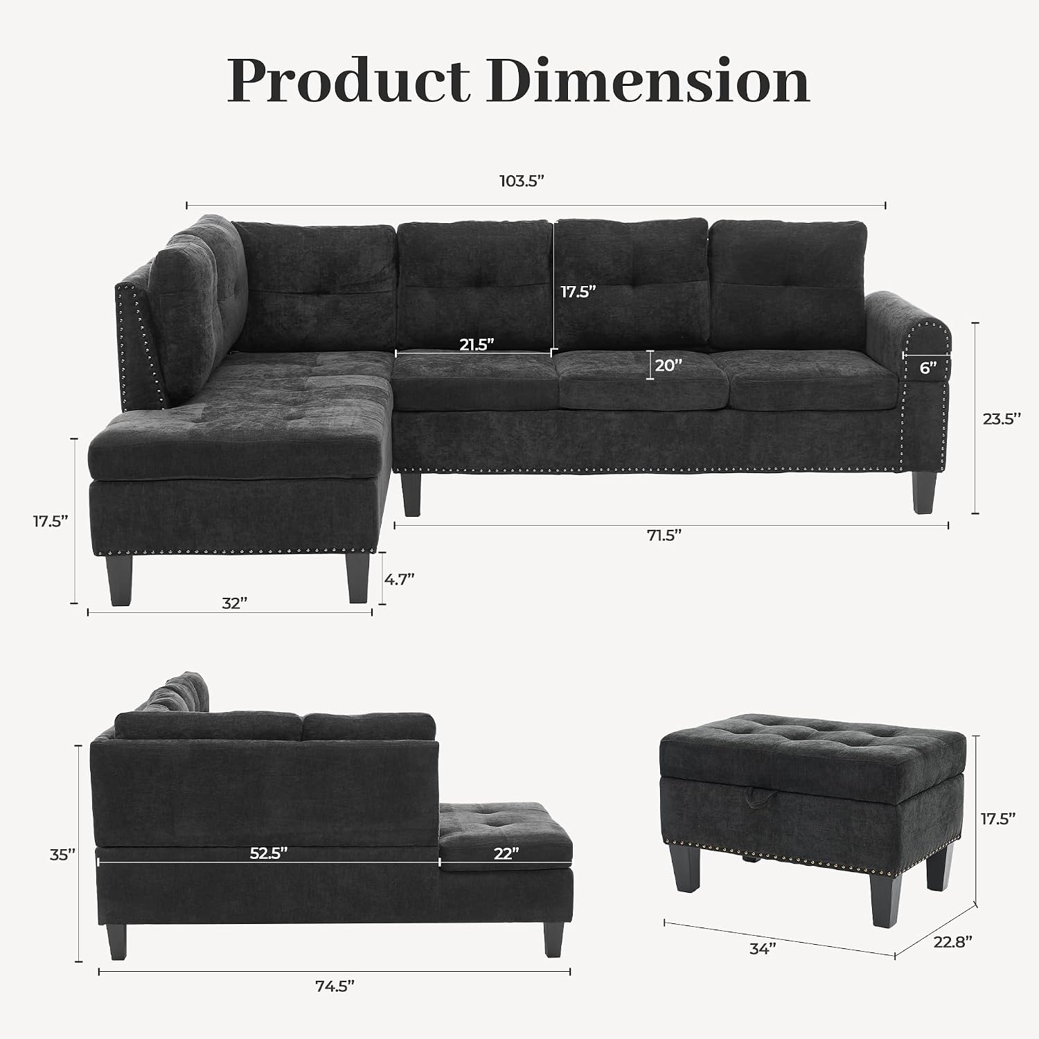 97.5' L Shaped Couches for Living Room, Sectional Couch Living Room Furniture with Storage Ottoman, Modular Sectional Sofa with Movable Chaise for Apartment Office, Black
