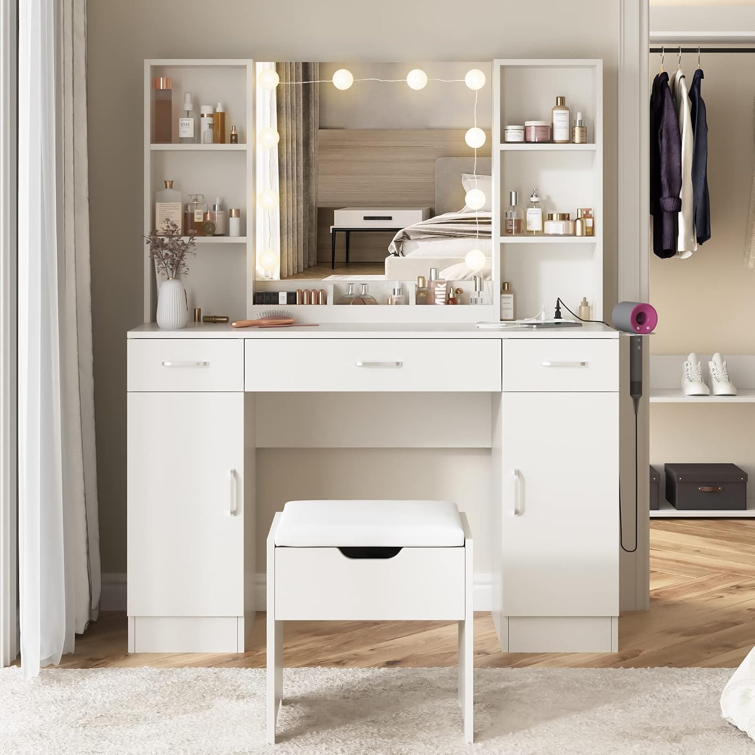 Vabches Makeup Vanity Table with Lighted Mirror & Power Strip, Large Vanity Set Vanity Desk with Storage Stool, 3 Lighting Modes, Brightness Adjustable, 45.2in(L)