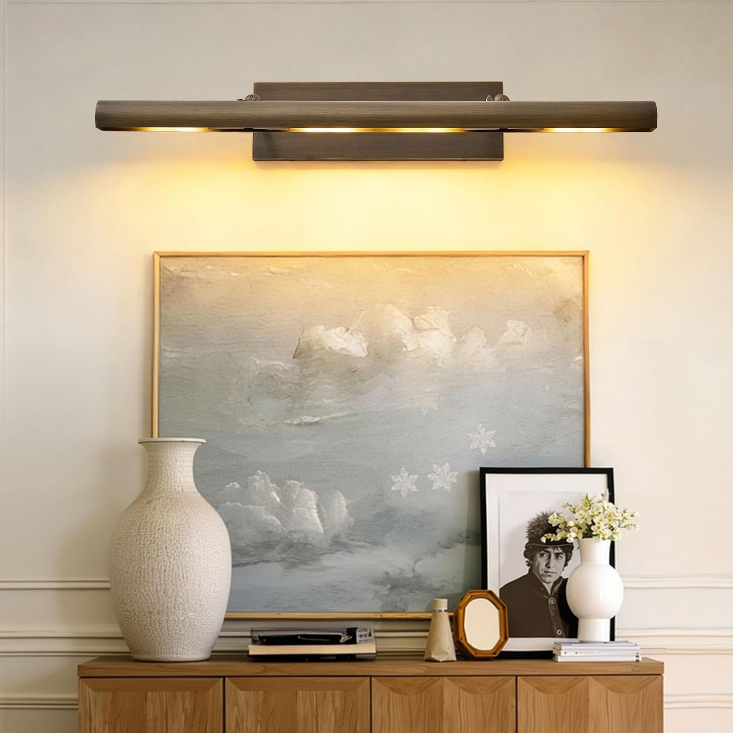 Hardwired Aged Brass Picture Light: 30' Long Rotatable Vintage Antique Gallery Artwork Display Lighting over Pictures Frame - Traditional Museum Accent Spotlight for Library Wall Photo Art Painting