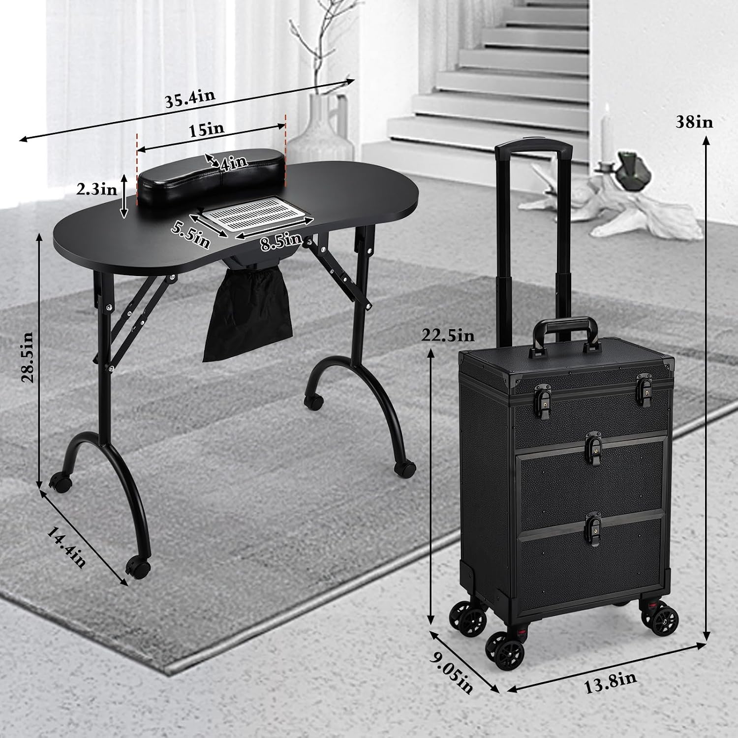 Faquenc Rolling Makeup Train Case With 2 Extra Large Drawers, Nail Organizer, Foldable Table With Electric Dust Collector, Manicure Desk for Mobile Stylists, Artist Salon Cart Trunk - Black