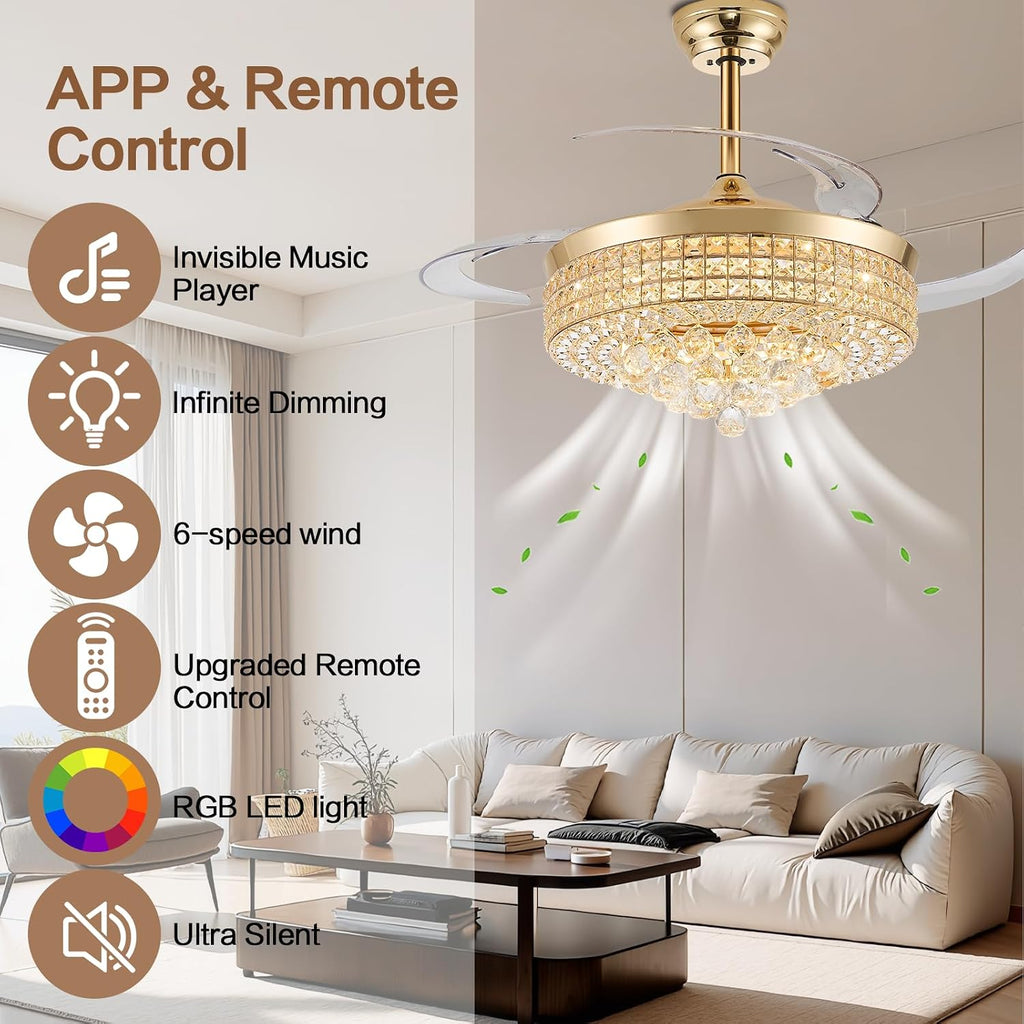 RGB Bluetooth Ceiling Fan with Light & Speaker, Gold, 48in | Retractable Crystal Fandelier, Music Crystal Chandelier Fan, 6-Speed APP Remote Control, Timer